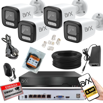 ZESTAW 4x KAMER PT8L DO MONITORINGU DOMU FIRMY IP PoE 4 KAMERY 4K 8MPx UHD REJESTRATOR P4CH NVR + KABEL LAN 25M + WTYCZKI RJ-45